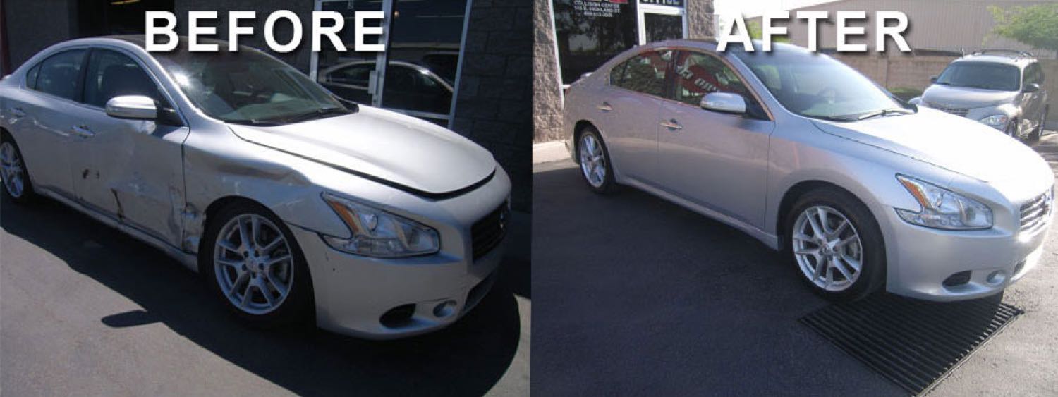 Silver sedan before and after collision repair