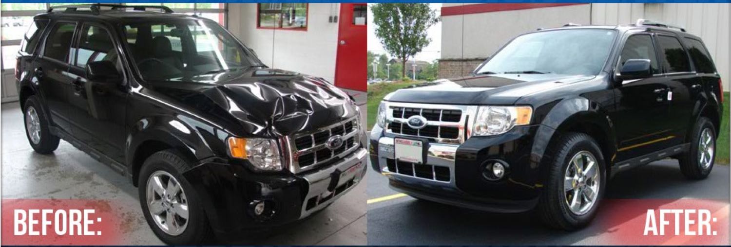 Black SUV before and after collision repair